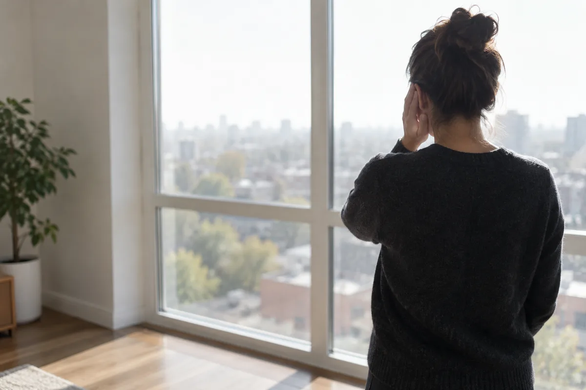 Personne de dos devant une fenêtre, une main posée sur son oreille