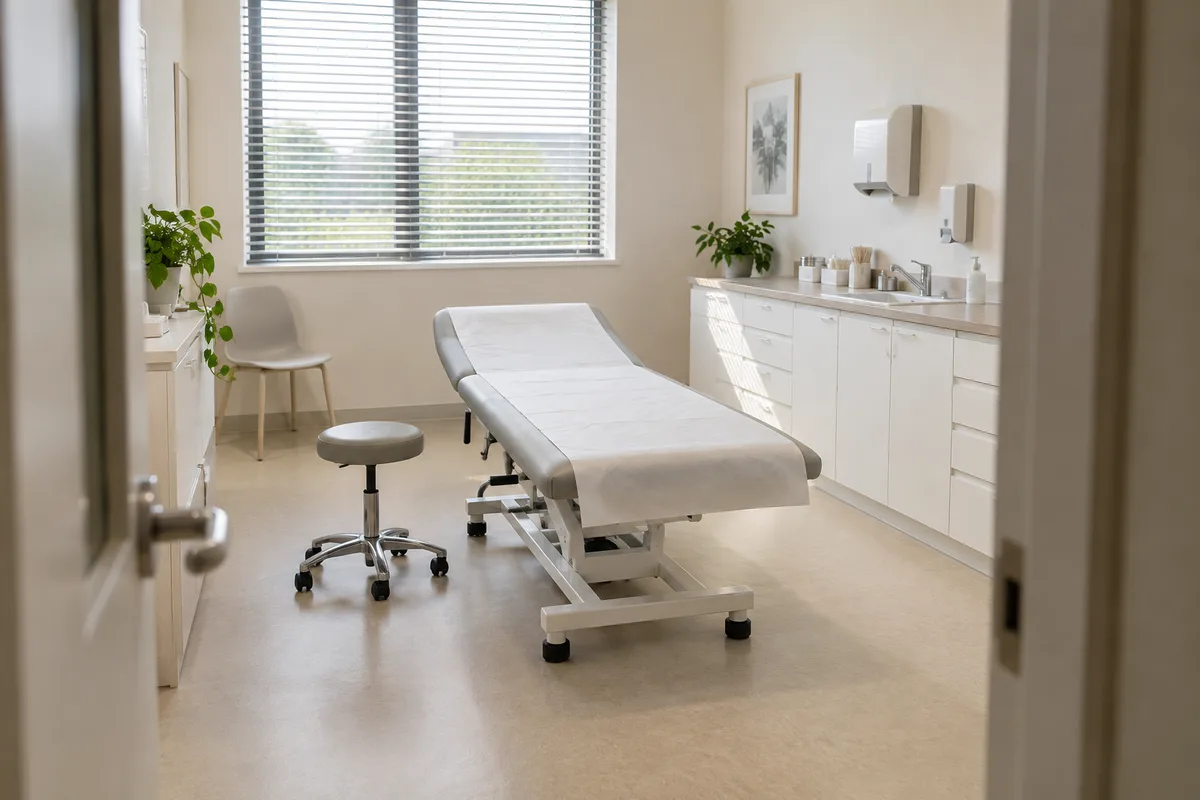 Cabinet d’ostéopathie vide et lumineux, table recouverte d’un drap de papier blanc et tabouret à roulettes