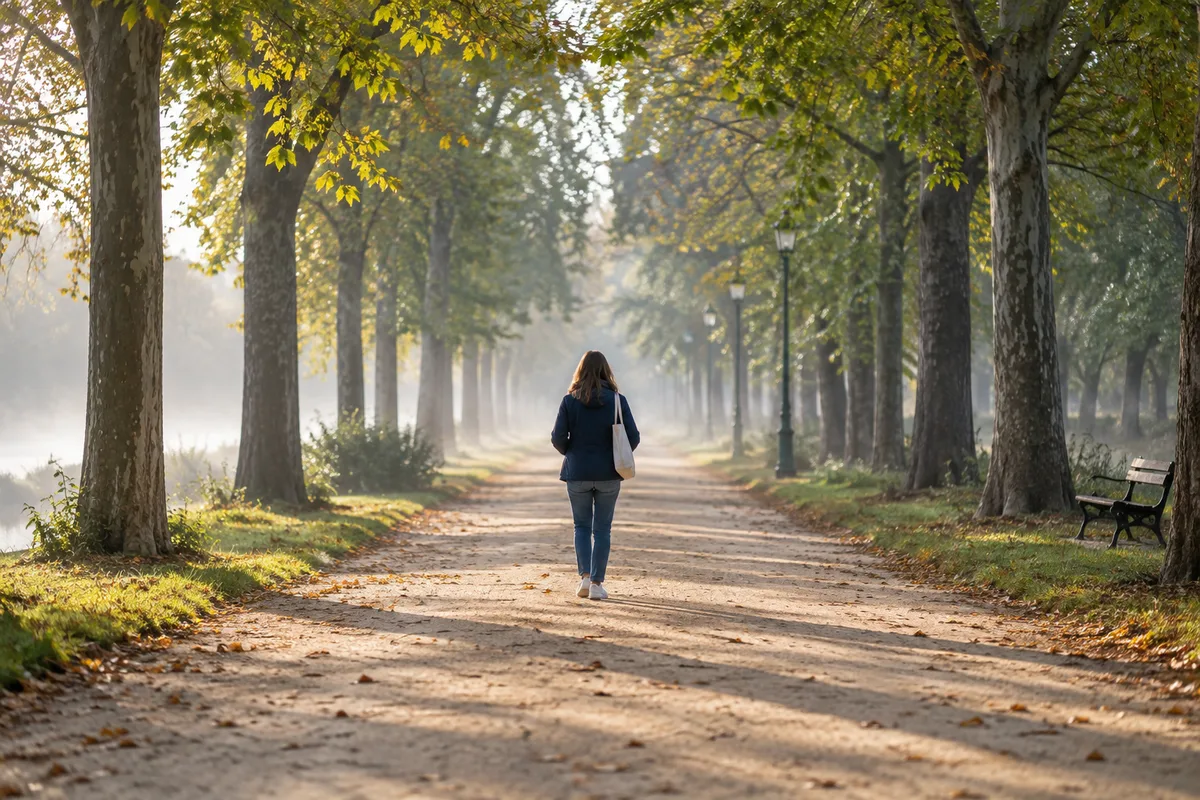 Personne vue de dos marchant dans une allée de parc bordée d’arbres à la lumière du matin