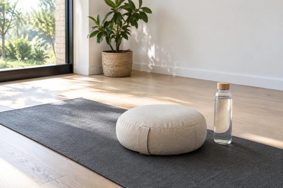 Tapis de sol et coussin posés sur un parquet clair près d’une fenêtre, avec une bouteille d’eau