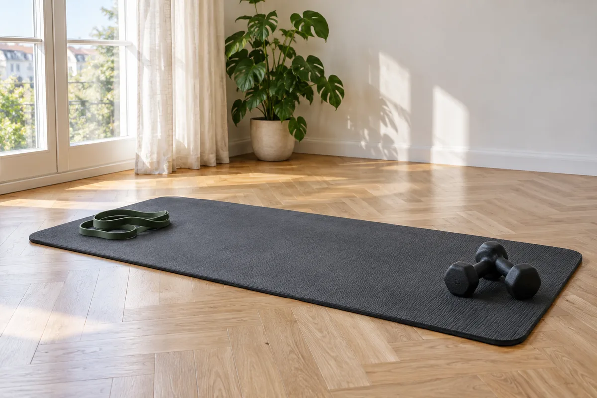 Tapis de sol déroulé dans un salon avec un élastique de résistance et une petite paire d’haltères, fenêtre lumineuse