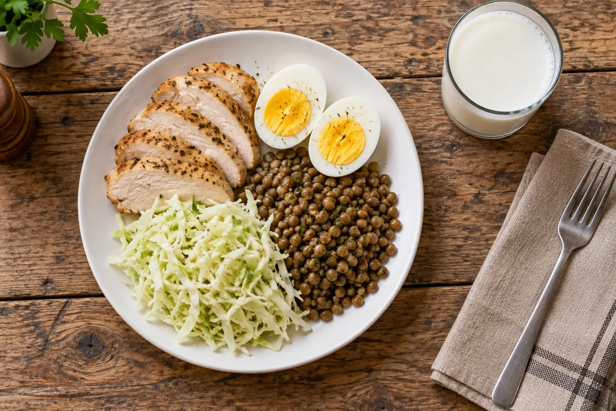 Assiette de blanc de volaille, d’œufs, de lentilles et de chou avec un verre de lait sur une table en bois, vue du dessus