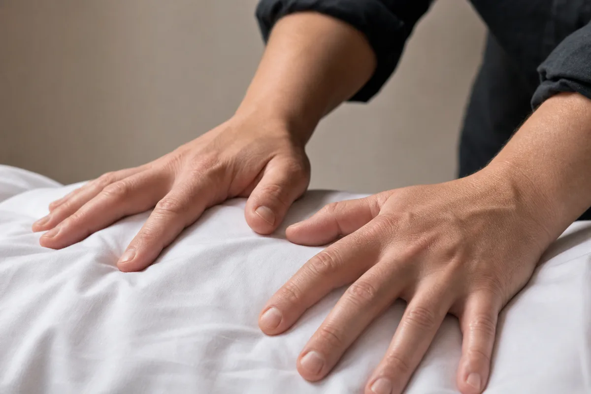 Mains d’un praticien posées à plat sur l’abdomen d’un patient allongé sur une table de soin