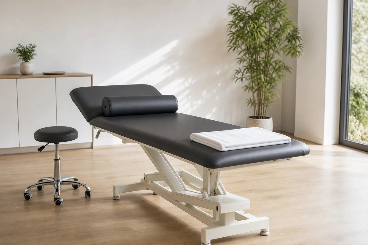Table de consultation d’ostéopathie et coussin de positionnement dans un cabinet lumineux, vue de trois quarts, personne cadrée de dos
