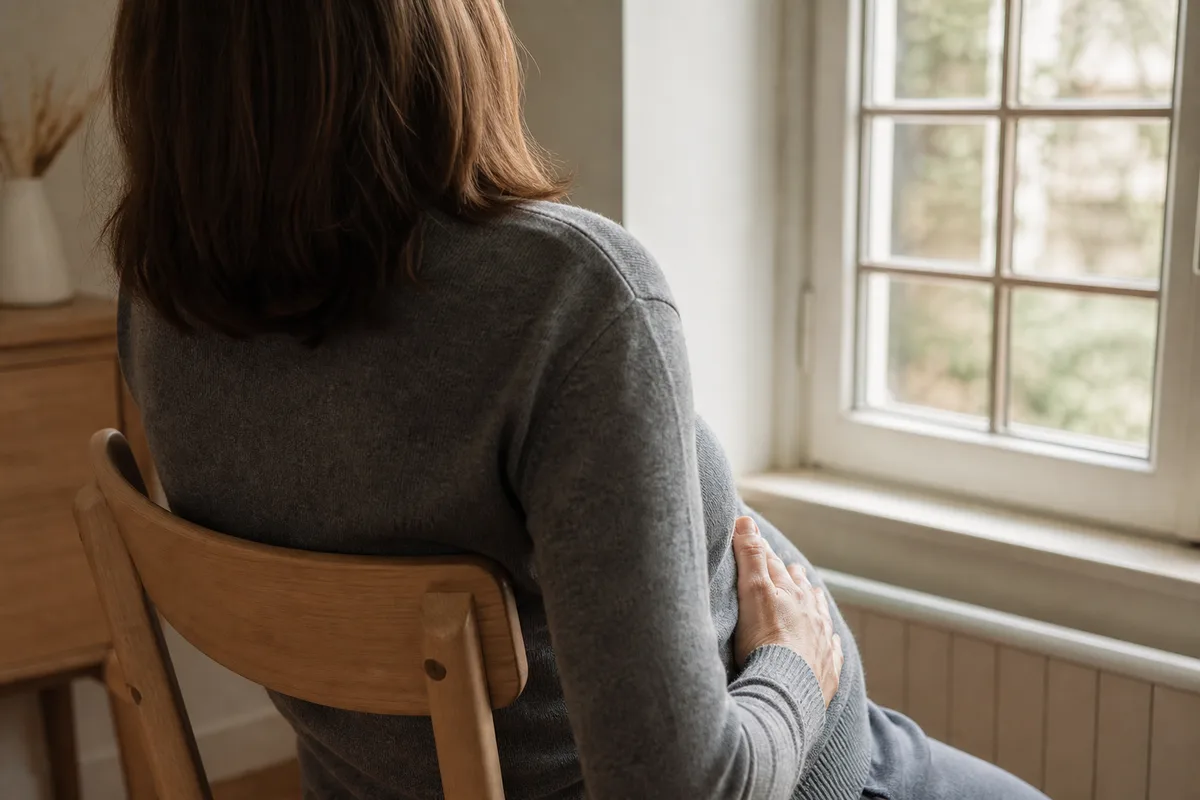 Personne assise de dos sur une chaise en bois près d’une fenêtre, une main posée à plat sur le ventre