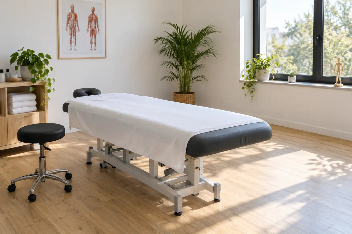 Table de soin et tabouret dans un cabinet d’ostéopathie vide, lumière naturelle par la fenêtre