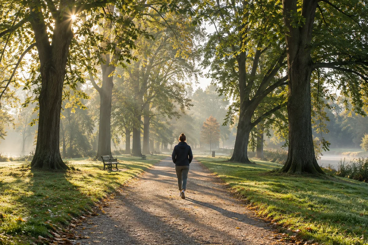 Personne de dos marchant sur un chemin de parc bordé d’arbres, lumière du matin