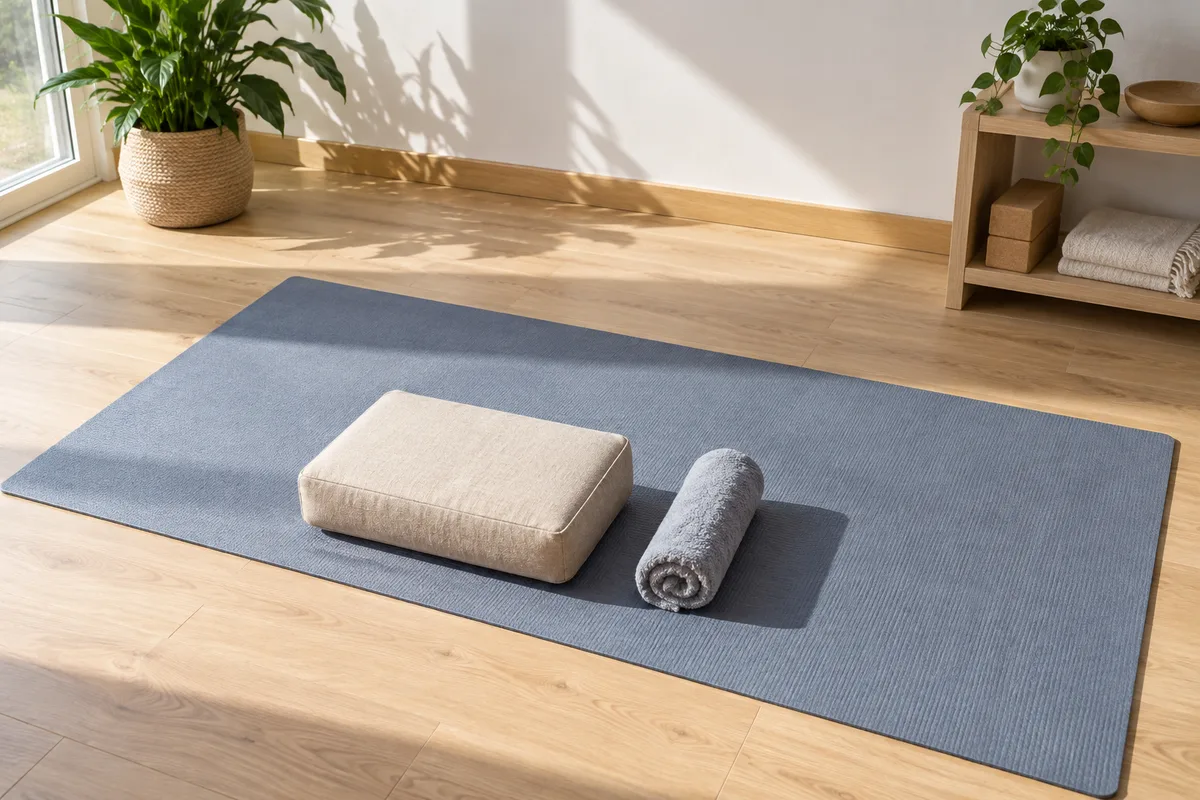 Tapis de sol déroulé avec un coussin ferme posé dessus dans une pièce claire